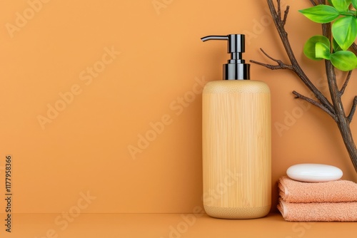 A collection of bamboo bath accessories such as a soap dish, soap dispenser, and toothbrush, accompanied by organic dry shampoo for personal hygiene, is showcased on a wooden bark surface. This setup photo