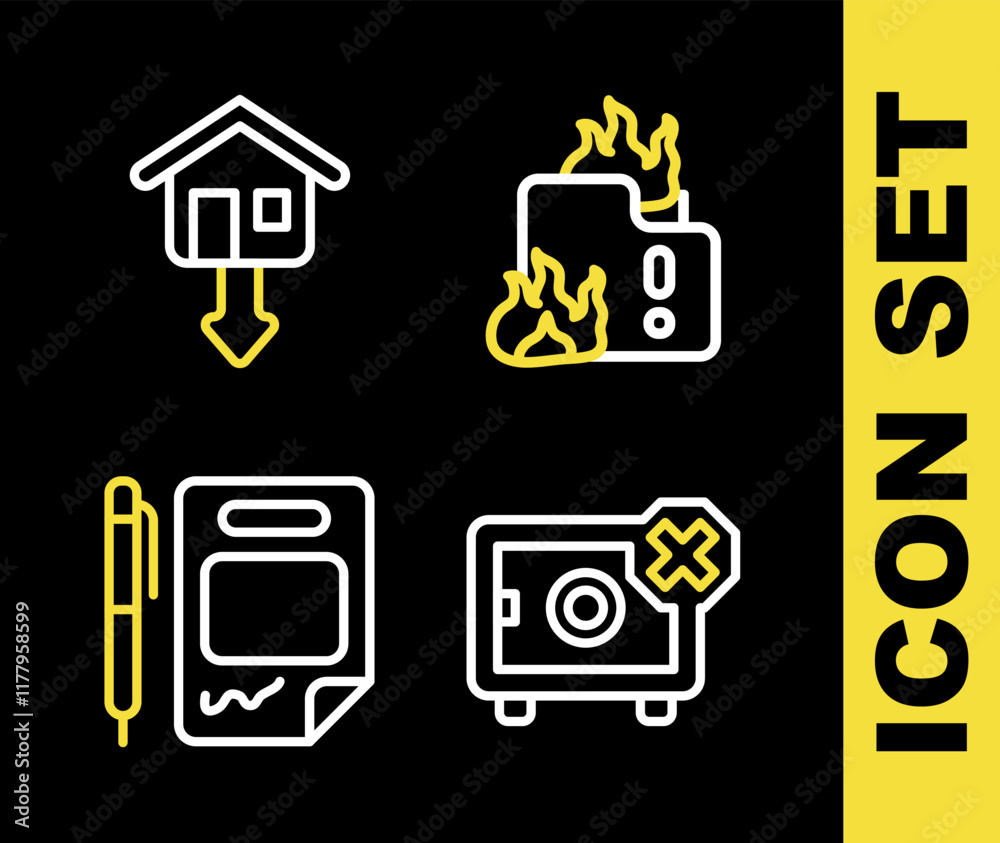 Set line Fire in burning house, Safe, Contract money and pen and Falling property prices icon. Vector Set line Fire in burning house, Safe, Contract money and pen and Falling property prices icon. Vector
