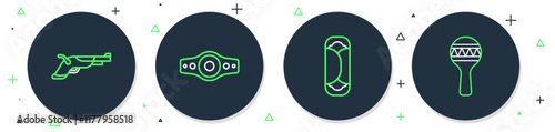 Set line Wrestling championship belt, Burrito, Vintage pistols and Maracas icon. Vector