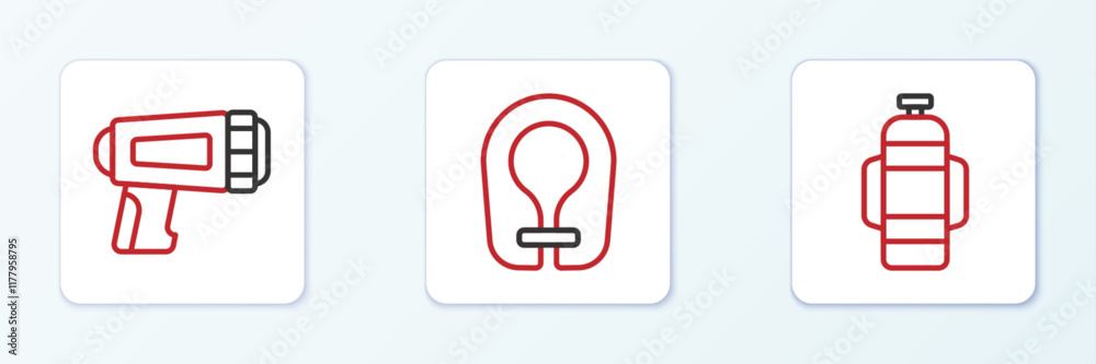 Set line Aqualung, Flashlight for diver and Life jacket icon. Vector Set line Aqualung, Flashlight for diver and Life jacket icon. Vector