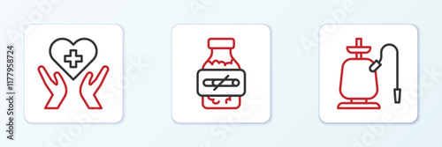 Set line Hookah, Heart with cross and Nicotine gum in blister pack icon. Vector