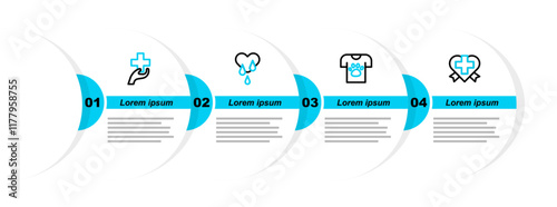 Set line Heart with cross, Animal volunteer, Blood donation and icon. Vector