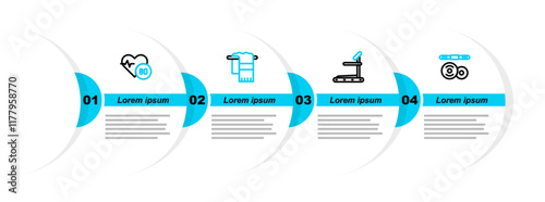 Set line Barbell, Treadmill machine, Towel on hanger and Heart rate icon. Vector