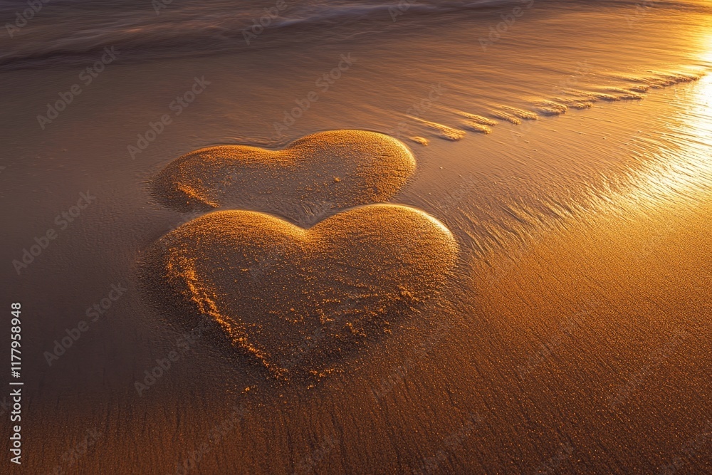 Fototapeta premium Romantic scene of overlapping hearts in golden sand under a setting sun at the beach