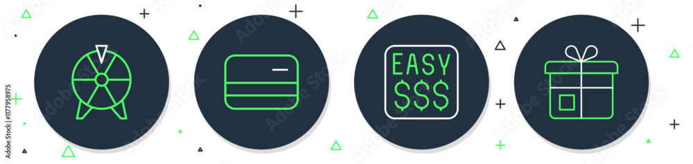 Set line Credit card, Money prize in casino, Lucky wheel and Gift box icon. Vector Set line Credit card, Money prize in casino, Lucky wheel and Gift box icon. Vector