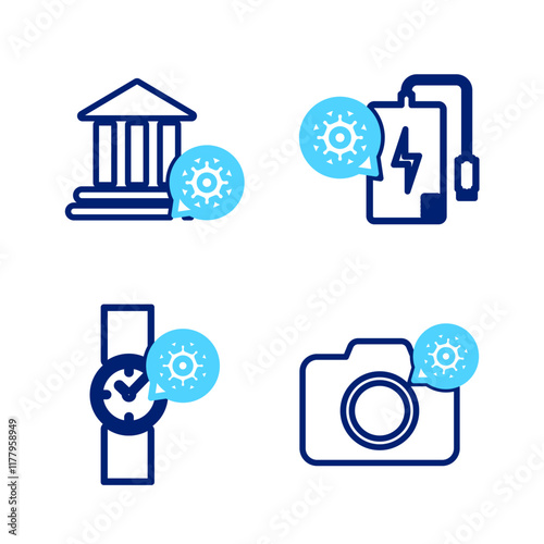 Set line Photo camera setting, Wrist watch, Power bank and Bank building icon. Vector