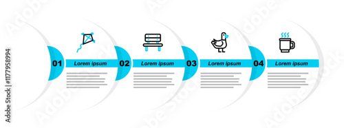 Set line Cup of tea, Dove, Bench and Kite icon. Vector