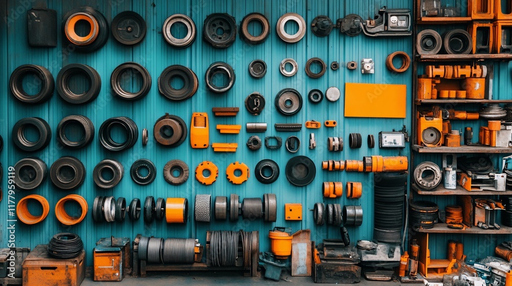 Diverse collection of mechanical parts organized on a blue wall in a workshop setting Diverse collection of mechanical parts organized on a blue wall in a workshop setting