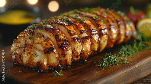 Grilled fish on wooden board, herbs, sauce, bokeh lights. photo