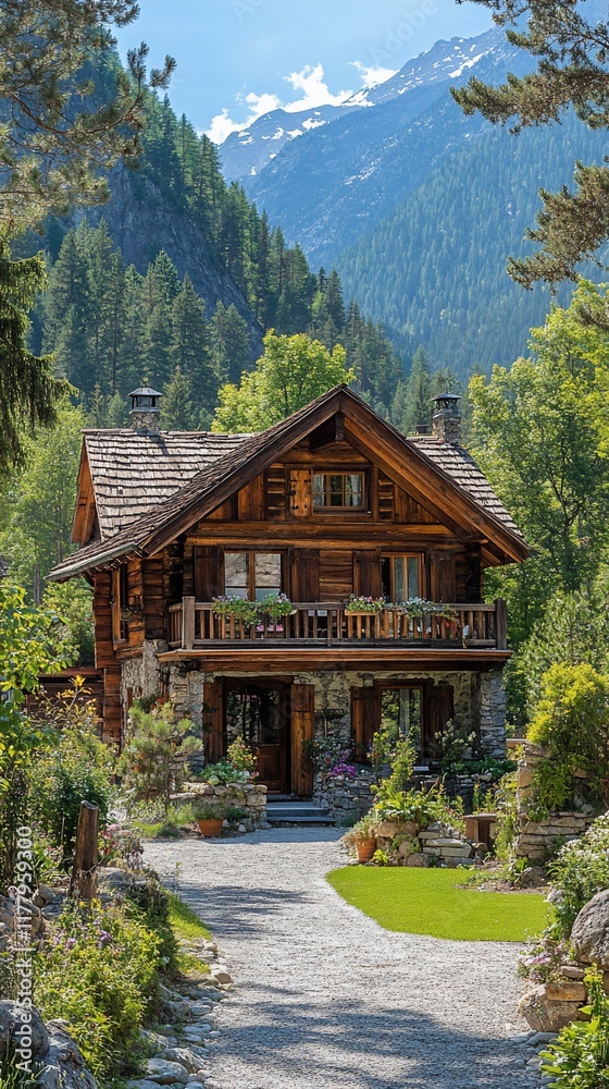 Mountain chalet, scenic valley, summer, Alps, vacation home, travel brochure Mountain chalet, scenic valley, summer, Alps, vacation home, travel brochure