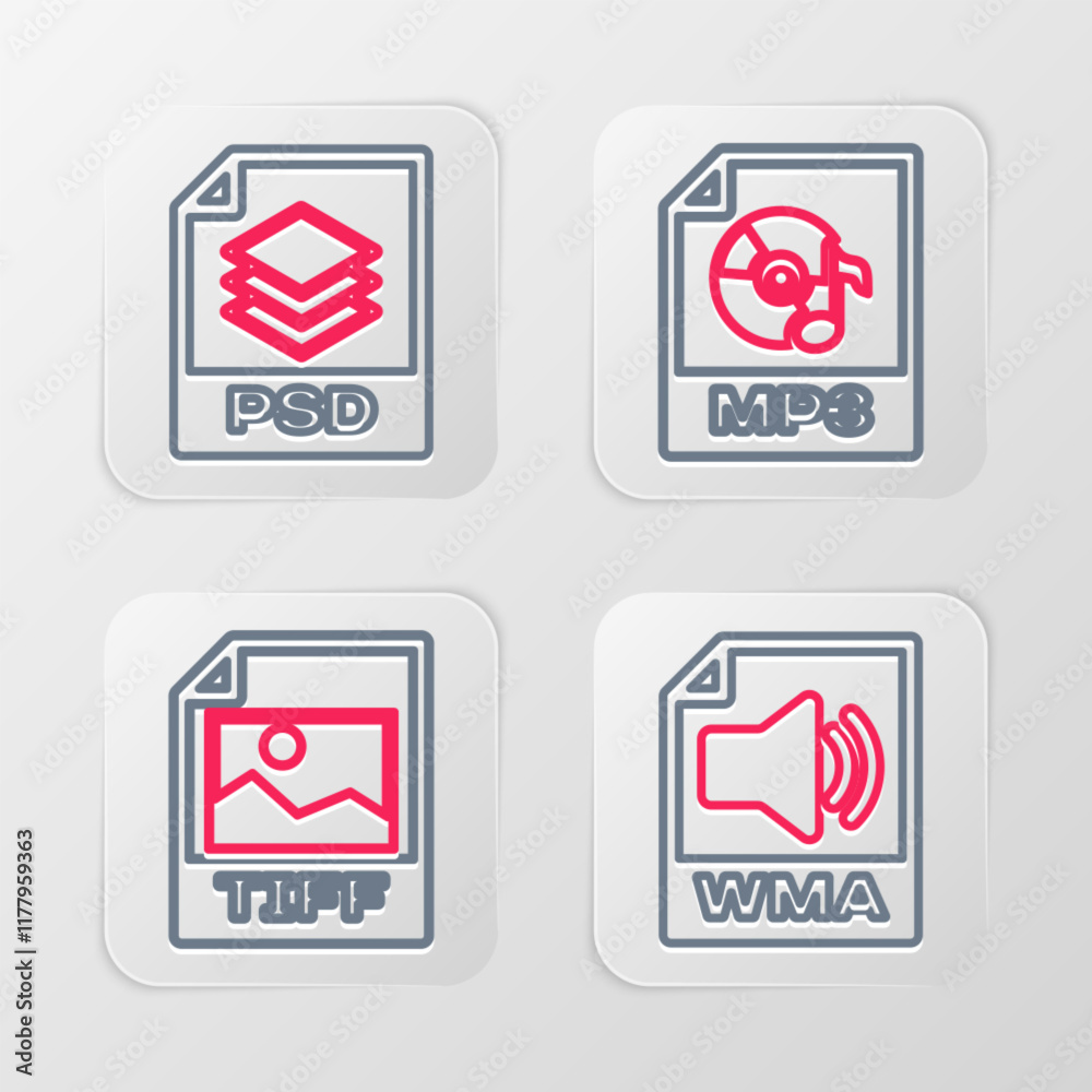 Set line WMA file document, TIFF, MP3 and PSD icon. Vector Set line WMA file document, TIFF, MP3 and PSD icon. Vector