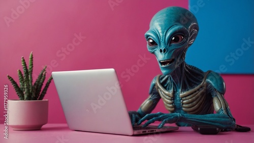 Alien freelancer, works on laptop. Remote work, online shopping