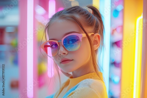 Girl tries on colorful sunglasses in a vibrant retail setting photo