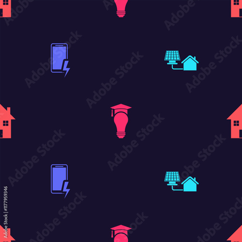 Set House with solar panel, Mobile charging battery, Light bulb and graduation cap and on seamless pattern. Vector