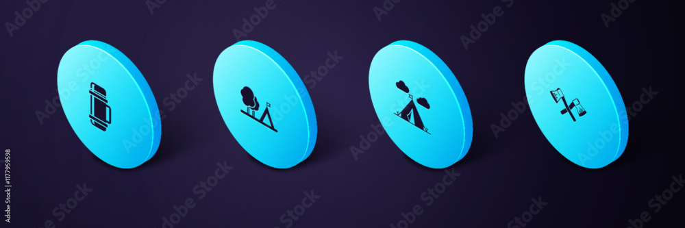 Εκτύπωση καμβά Set Isometric Crossed wooden axe, Tourist tent with flag, and Thermos container icon