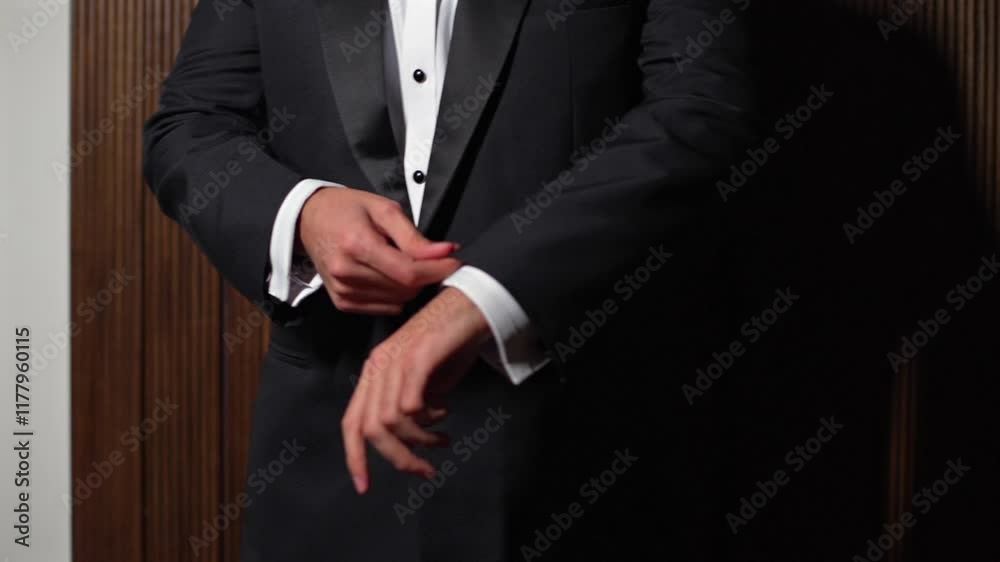 A businessman putting on a fancy suit before going out to a formal party A businessman putting on a fancy suit before going out to a formal party