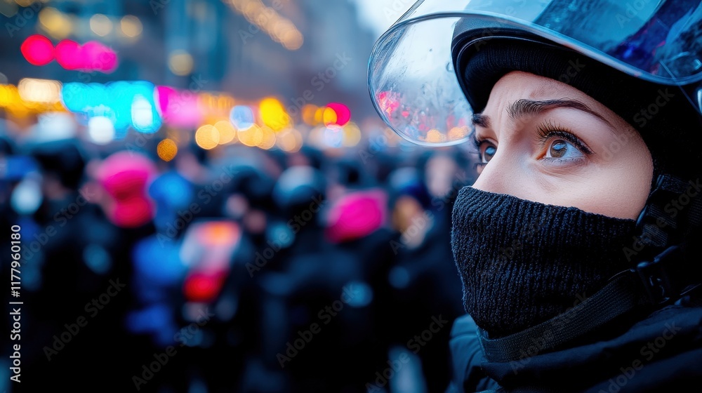 A focused female riot officer watches the crowd during a protest, capturing the tension and emotional energy of the situation. Her expression reflects both duty and concern. A focused female riot officer watches the crowd during a protest, capturing the tension and emotional energy of the situation. Her expression reflects both duty and concern.