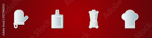 Set Oven glove, Cutting board, Blender and Chef hat icon. Vector