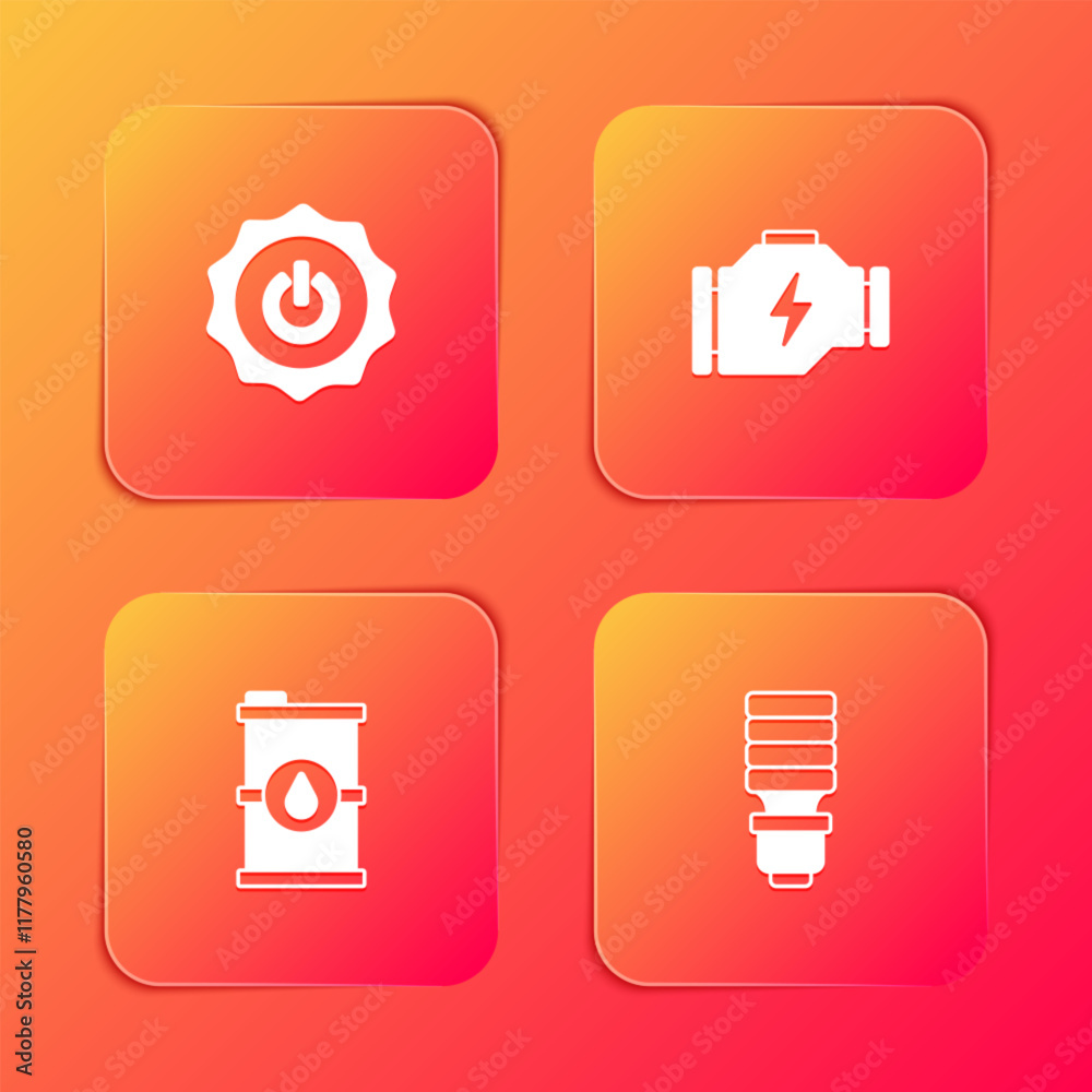 Set Power button, Check engine, Bio fuel barrel and LED light bulb icon. Vector Set Power button, Check engine, Bio fuel barrel and LED light bulb icon. Vector