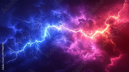 Dramatic lightning bolts illuminate a vibrant stormy sky at night