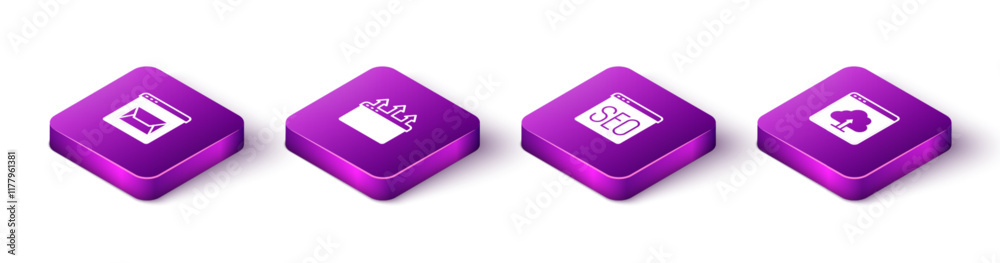 Set Isometric Website and mail, Browser window, SEO optimization and Cloud upload icon. Vector Set Isometric Website and mail, Browser window, SEO optimization and Cloud upload icon. Vector