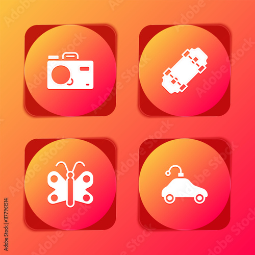 Set Photo camera, Skateboard, Butterfly and Radio controlled car toy icon. Vector