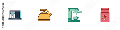Set Laptop with dental card, Kettle handle, Coffee machine cup and beans bag icon. Vector