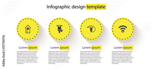 Set Retro wall watch, Electric scooter, and Wifi locked. Business infographic template. Vector
