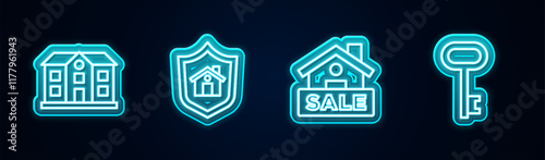 Set line House, with shield, Hanging sign Sale and key. Glowing neon icon. Vector