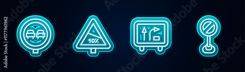 Set line No overtaking road traffic, Steep ascent and descent, Road sign and Stop. Glowing neon icon. Vector