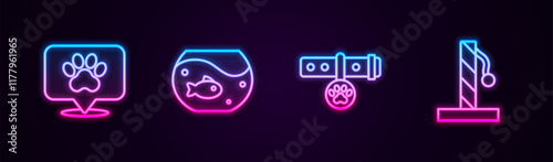 Set line Location veterinary hospital, Aquarium with fish, Collar name tag and Cat scratching post. Glowing neon icon. Vector