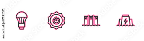 Set line LED light bulb, Hydroelectric dam, Power button and icon. Vector