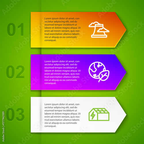 Set line Nuclear power plant, Earth globe and leaf and Solar energy panel. Business infographic template. Vector