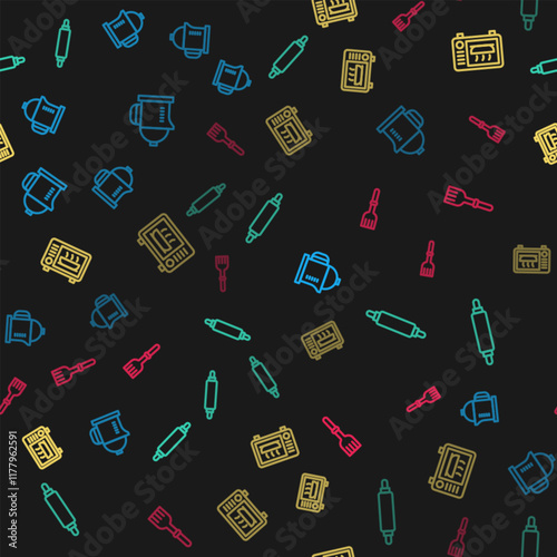 Set line French press, Rolling pin, Microwave oven and Fork on seamless pattern. Vector