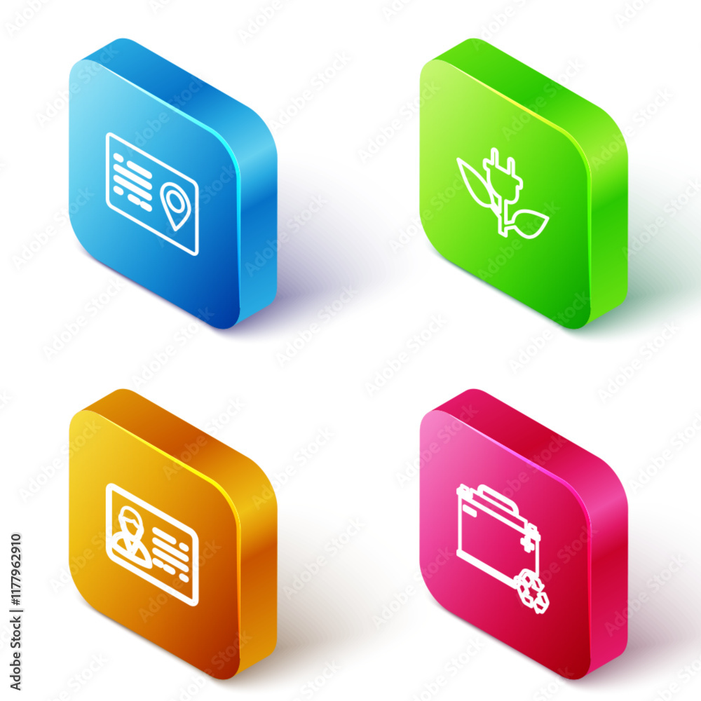 Set Isometric line Address book, Electric saving plug in leaf, Identification badge and Car battery with recycle icon. Vector Set Isometric line Address book, Electric saving plug in leaf, Identification badge and Car battery with recycle icon. Vector