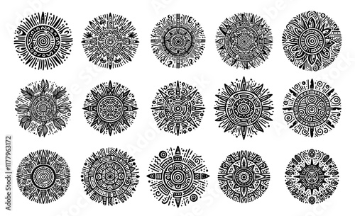 hand-drawn mandala set featuring symmetrical and geometric vector patterns photo