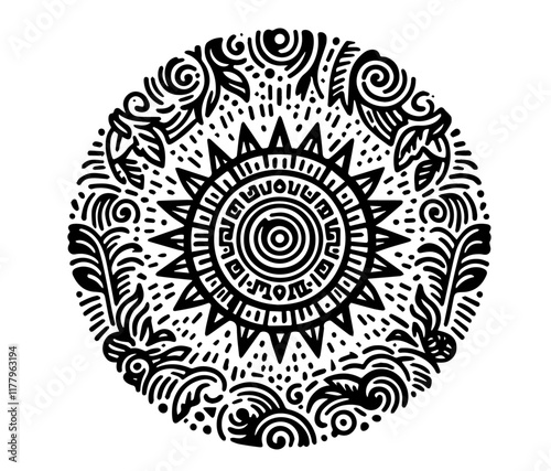 tribal sun ornament vector with ethnic circular pattern in black and white, decorative and symmetrical design