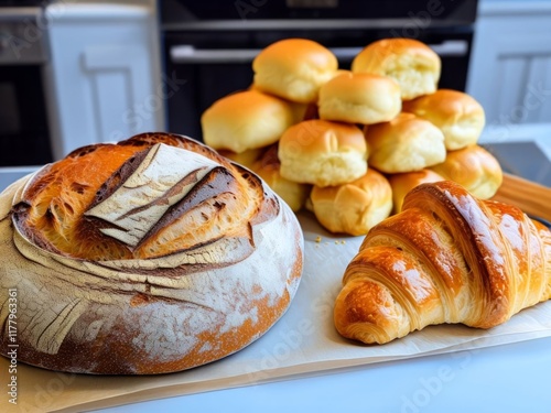 Close-up of freshly baked croissants with warm, inviting colors. Soft textures and delicate layers create mouthwatering visuals, perfect for bakery marketing or breakfast promotions. photo