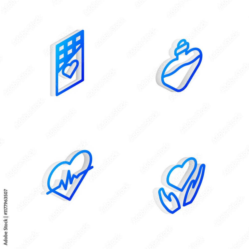 Set Isometric line Bottle with love potion, Chocolate bar, Heart rate and in hand icon. Vector Set Isometric line Bottle with love potion, Chocolate bar, Heart rate and in hand icon. Vector