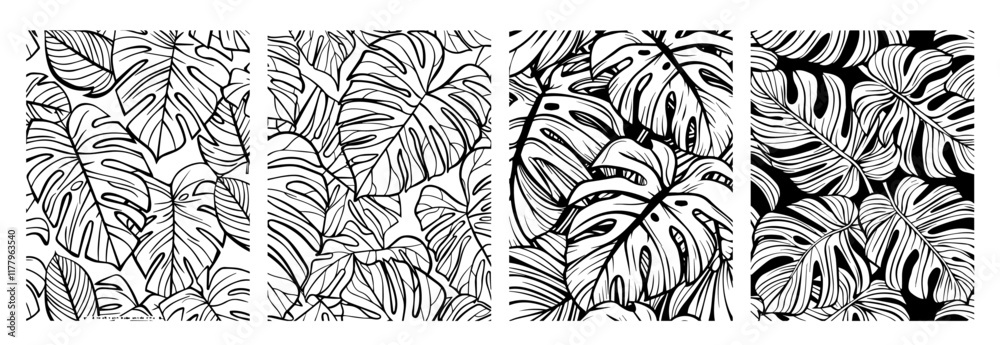 Fototapeta premium artistic set of tropical monstera leaf illustrations in monochrome style