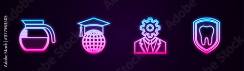 Set line Coffee pot, Graduation cap on globe, Head with gear inside and Dental protection. Glowing neon icon. Vector