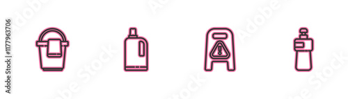 Set line Bucket with rag, Wet floor and cleaning in progress, Fabric softener and Dishwashing liquid bottle icon. Vector