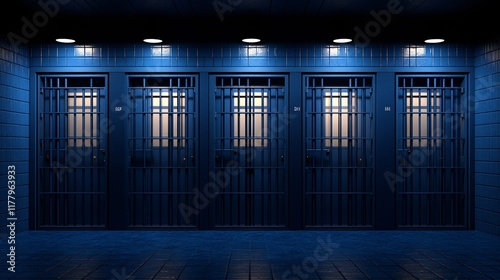 Dark corridor with prison cells illuminated by dim lights at night