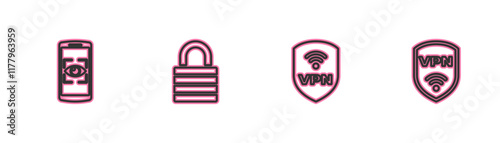 Set line Mobile and eye scan, Shield with VPN wireless, Lock and icon. Vector