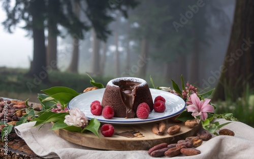 Nature-Inspired Theme: A molten lava cake, Molten chocolate cake with raspberries, served outdoors. photo