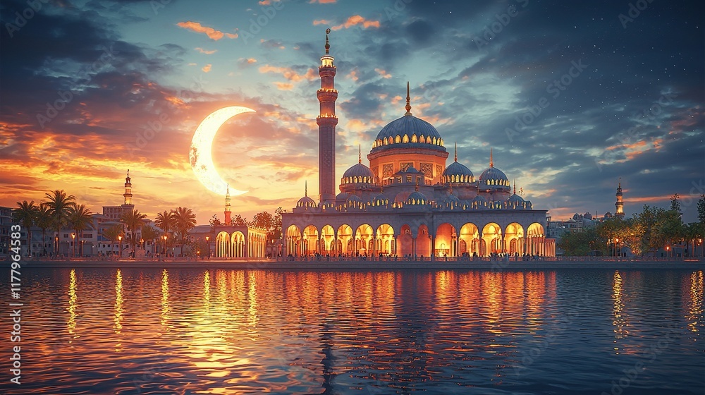 Fototapeta premium Illuminated mosque by water at sunset with crescent moon.