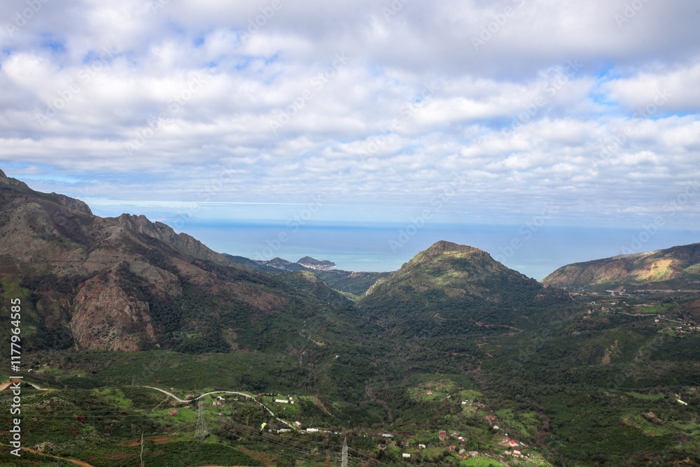 Naklejka premium mountain, mountains, algeria, africa, landscape, nature, sky, panorama, outdoor, peak, hill, background, scenery, view, travel, rock, forest, valley, beautiful, hiking, adventure, scenic, tourism.