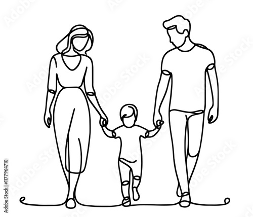 minimalist black and white line art of a family walking hand in hand