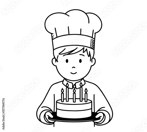 young chef holding a birthday cake with lit candles in black and white minimalistic vector graphic