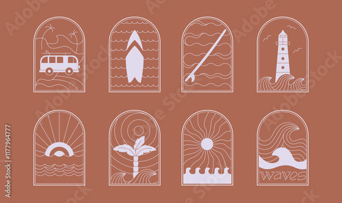 Retro style, bohemian linear surfing, ocean, sea badge, icon, design. Simple geometric surf camp, resort with white elements vector template, design frame